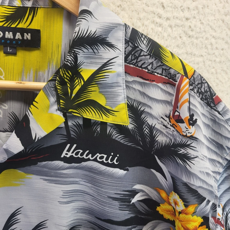 Camisa deportiva deportiva Koman con botones de campamento hawaiano para hombre grande amarilla estampado de palmera Aloha Foto 3 de 4