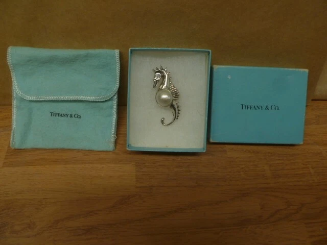 Vintage 1986 Tiffany & Co Sterling Silver Large Pearl Seahorse Brooch, Box & Bag