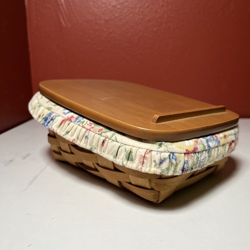 LONGABERGER Recipe Basket With Floral Cloth Liner, Wood Lid, Signed