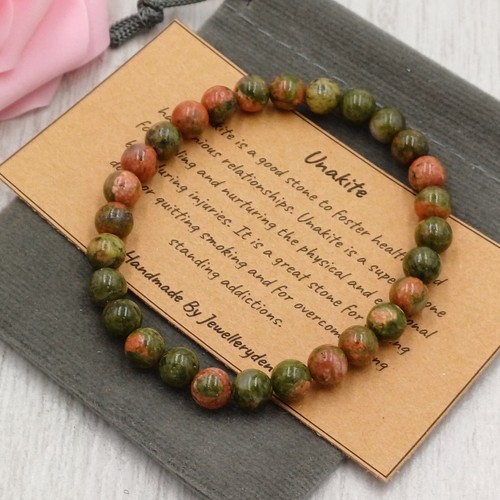 UNAKITE Bracelet Stretch Fit Handmade +Gift Bag & Card Crystal Gemstone 6mm - Picture 2 of 5