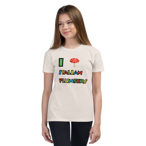 "I Love (Mushroom) Italian Plumbers" Youth T-Shirt Mario Amanita Agaric Gaming - Picture 3 of 7