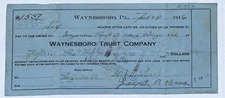 Waynesboro Trust Company 1916 Penna. Bank Check / Promissory Note w/ Rev Stamp