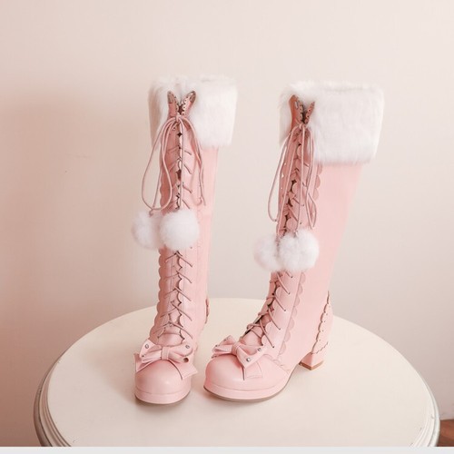 Mujeres Botas hasta la rodilla Zapatos de fiesta Cremallera Con cordones Moda Lolita Zapatos para nieve Talla - Imagen 14 de 18