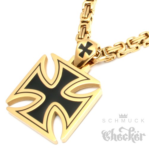 Eisernes Kreuz gold schwarz Anhänger massiv Edelstahl Königskette Männer-Schmuck - Bild 1 von 4