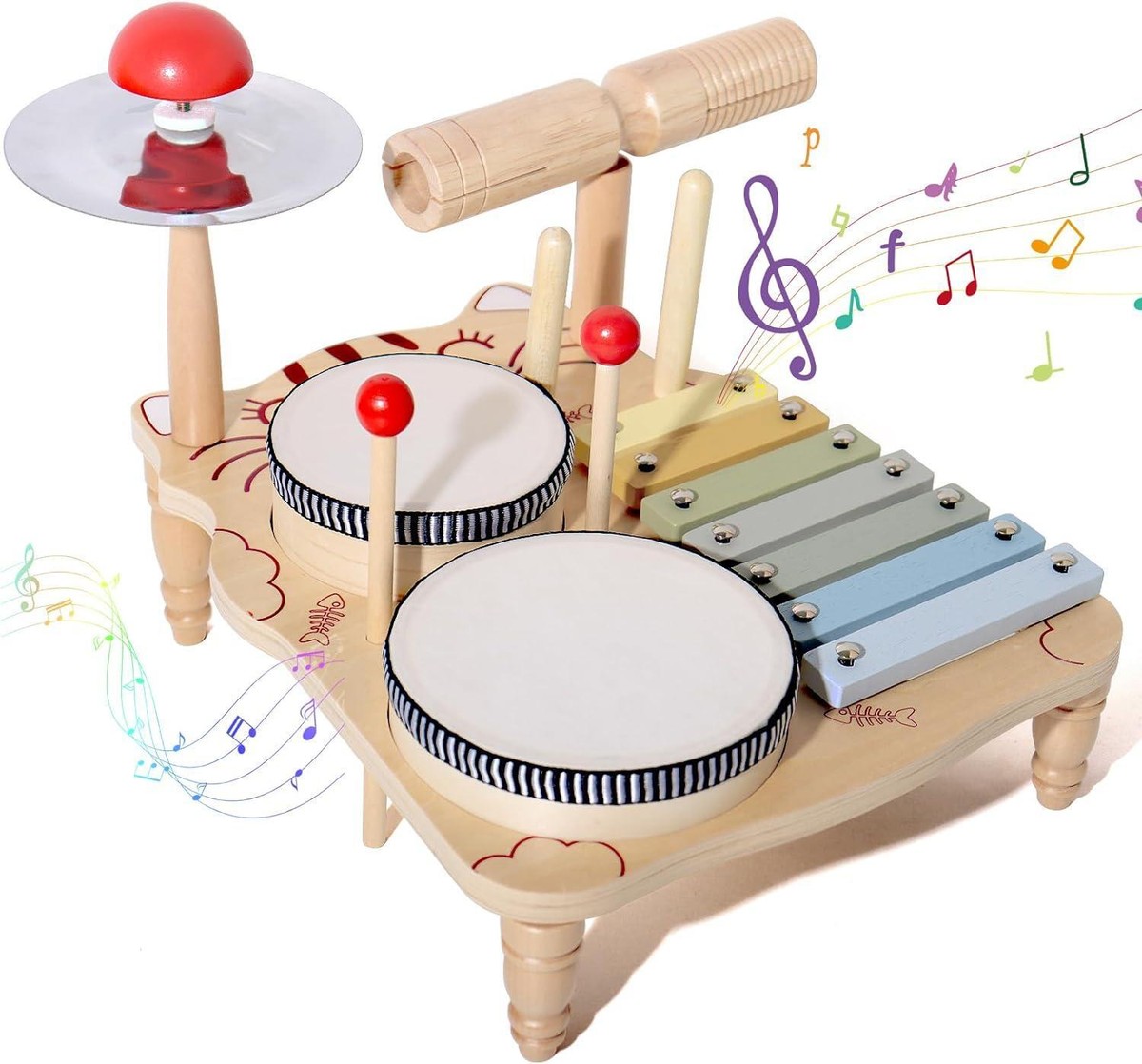 Wooden Xylophone Drum Set for Toddlers, Montessori Baby Musical Percussion  Toys