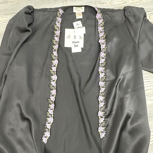 NWT Intimates By Flora 2 Pcs Satin Nightgown & Robe Set Black Purple Floral /cb - Picture 10 of 11