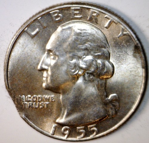 1955 ERROR CLIPPED Washington SILVER Quarter NICE BU + Coin Clip LOT #2 NR - Picture 3 of 4