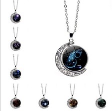 Constellation Zodiac Signs Pendant Necklace Jewelry 360 Galaxy Crescent Gifts