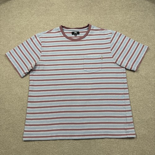 Stussy Shirt Mens Large L Blue Red Short Sleeve Striped Crew Neck Streetwear MAN