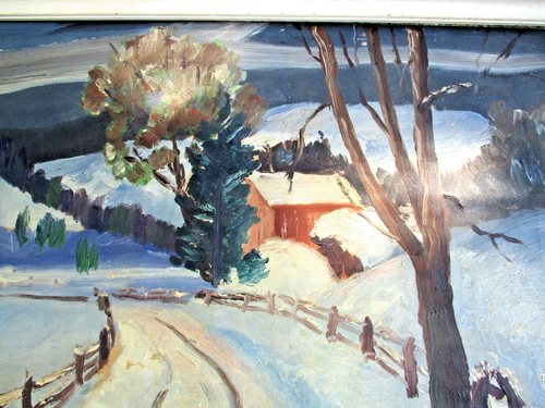 Vintage Ölgemälde Winterlandschaft Öl auf Leinwand alt americana Volkskunst Gemälde - Bild 4 von 9