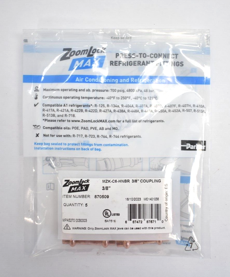 Parker ZoomLock Press To Connect Refrigerant Fittings 3/8" Coupling 5