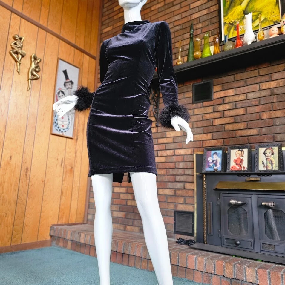 Vestido De Colección Años 90 Vamp Gótico Pluma de Avestruz Elastizado Terciopelo Bodycon Cóctel Fiesta M Foto 4 de 4