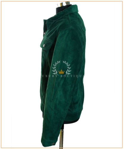 Convoy Green Men's Trucker Casual Biker Real Cowhide Suede Leather Shirt Jacket - Picture 2 of 9