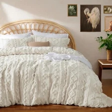Share NEW Anthro Beige Boho Queen King Size Tufted Fringe Bedding Duvet & Sham