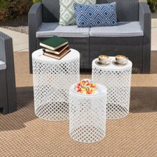 3pcs White Metal Frame Accent Table Modern Iron End Table Outdoor Side Table