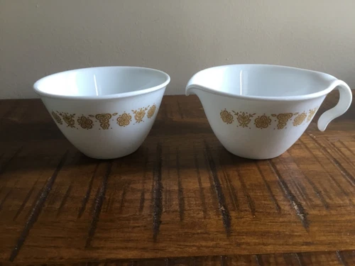 Corelle Butterfly Gold Creamer Open Sugar Bowl Hooked Handles Excellent 