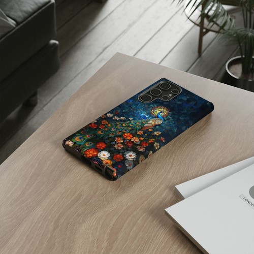 For iPhone, Galaxy, Pixel Phone Case Cover - Blue Stained Glass Peacock Flower - Picture 212 of 242