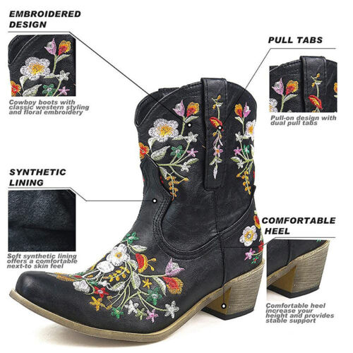 Damen Cowboystiefel Stickerei Cowgirl Western niedriger Block halbhoher Ritterstiefel - Bild 5 von 25