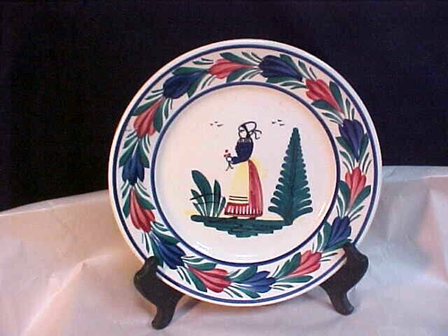 Vintage HB Henriot Quimper Pottery Hand Painted Breton Woman Plate France 8 1/2"