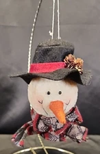 Plush Snowman Head Ornament Black Hat & Plaid Scarf Christmas Tree Ornament