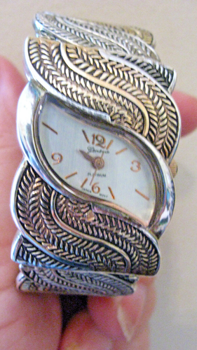 Geneva Cuff Bracelet Watch Platinum Face Gold Hands 3 Tone Metal - Picture 2 of 7