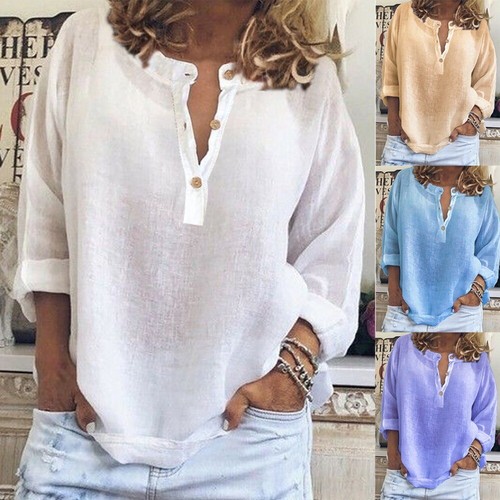 Camisa de lino suelta informal color liso manga larga