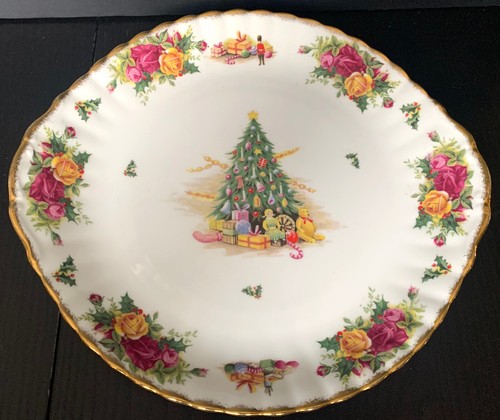 Ancienne assiette à gâteau Royal Albert Noël manche magique os Chine Angleterre 1990