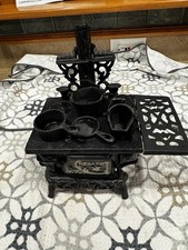 Antique Crescent Cast Iron Toy Stove w/ Original Cookware  Warming Shelf c.1900