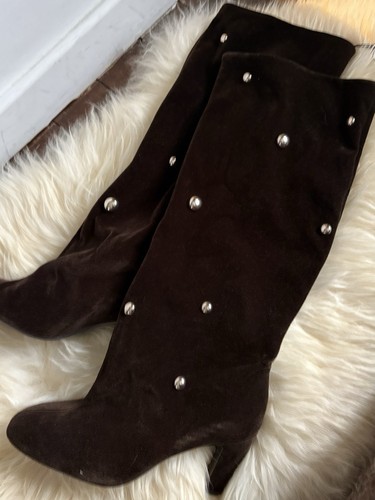 ZARA BROWN VELVET STUDDED HIGH BOOTS UK9 EU42 USA11 - Picture 10 of 16