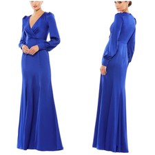 Mac Duggal NWT Satin Ruched Bishop Sleeve Gown Royal Blue Size 8 V-neck