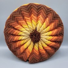 Vtg Crochet Round Granny Throw Pillow Rusty Orange Brown Yarn Ruffled Handmade