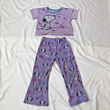 Peanuts Snoopy Girls Pajama Set XS 4/5 Purple Hearts Pants Top Sleepwear Lot