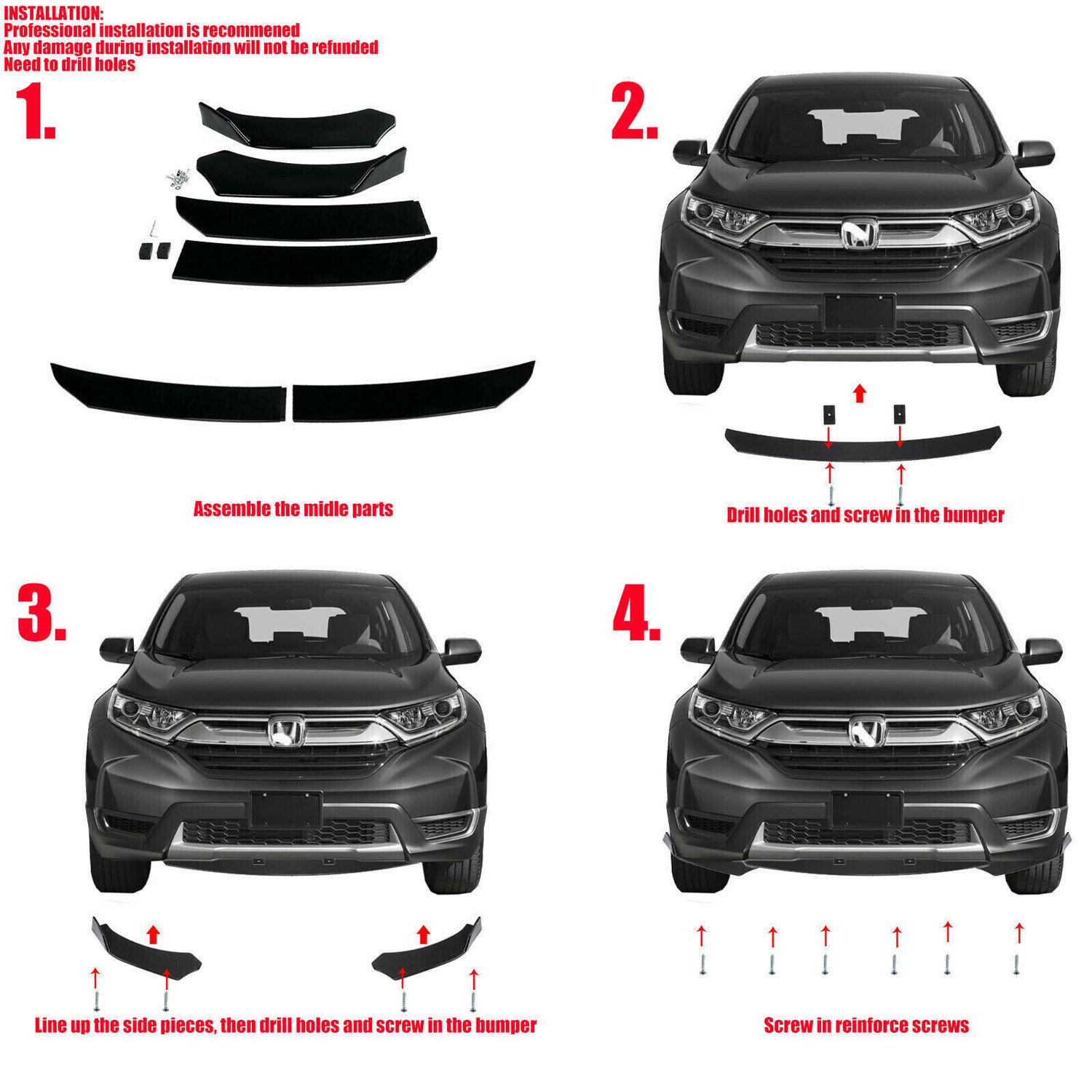 Front Bumper Lip Spoiler+ Rear Lip Glossy Black For Honda Civic 8th 9th Gen