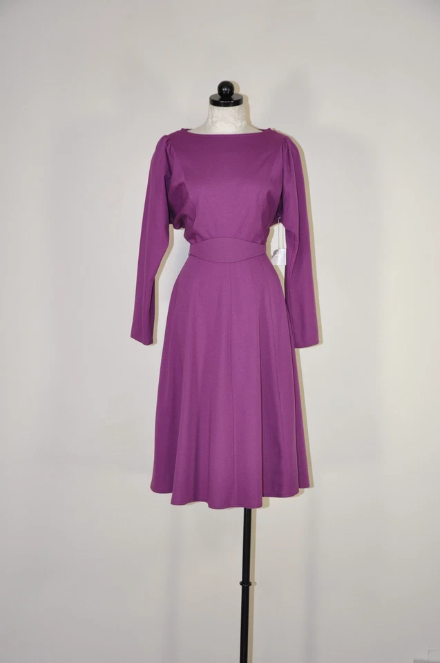 70s Vintage Purple Wool Knit Jersey Puff Sleeve Belt Full Skirt Dress Women M L - Image 3 of 4