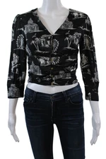 Maje Womens Graphic Print V-neck Long Sleeve Button Front Blouse Top Black Sz 1