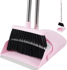 Pink Broom and Dustpan Set, 52” Long Adjustable Handle Broom 