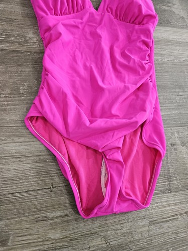 Womens L Bright Pink 1 Piece Swimsuit Cups Double Strap Square Back High Cut - Picture 2 of 12