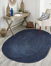 Oval Rug Jute Blue Carpet Mat Farmhouse Natural Handmade Braided Rustic Look