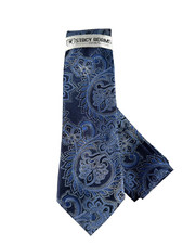 Stacy Adams Men's Tie  Hanky Navy Blue Royal Blue Silver Paisley 3.25" Wide