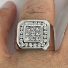 3Ct Princess Cut Moissanite Men's Cluster Engagement Ring 14K White Gold Plated