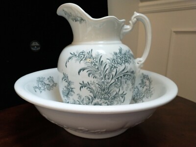 Antique Wash Water Pitcher, Wash Basin, Handled Bowl Blue Flowers | eBay.de, image size:400x300