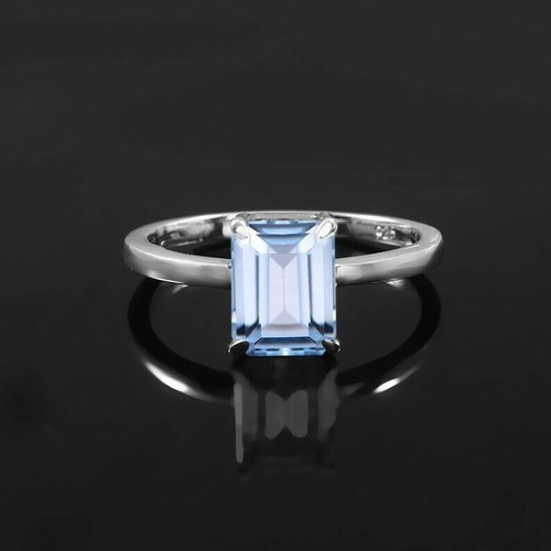 Anello di fidanzamento singolo taglio smeraldo acquamarina 1 ct argento sterling 925 - Foto 6 di 8