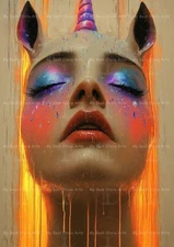 SURREAL WOMAN FACE ART PRINT, Unicorn Fantasy Poster, Horn Girl Rainbow Decor