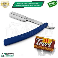Straight Edge Barber Razor 8.5" Folding Shaving Razor Blue W/11 Blades German Gr
