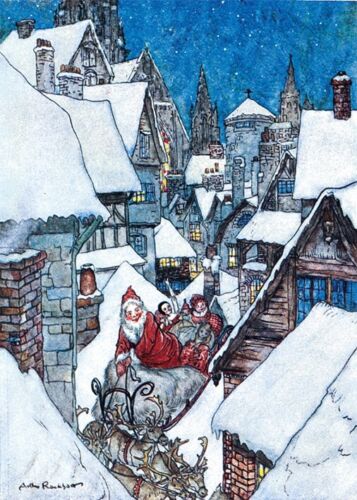 Santa Amongst the Rooftops by Arthur Rackham Pack of 8 Christmas Cards - Picture 1 of 1