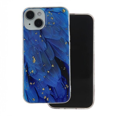 FÜR APPL IPHONE 15 PRO - Muster GLAM Case Etui Cover Tasche Hülle GEFIEDER BLAU