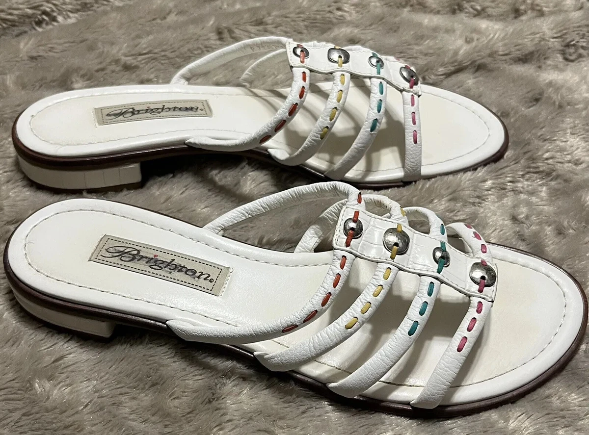 Brighton Odyssy White Colorful Leather Slip On Sandals R7938 Womens Size 7.5M