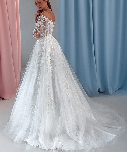 Shiny Wedding Dress V Neck Long Sleeves Lace Applique Glitter Tulle Bridal Gown - Picture 2 of 8