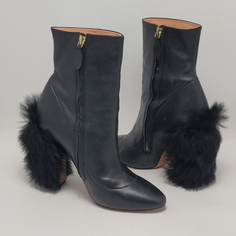 Ботинки Rochas на лодыжке черные кожаные боковые на молнии меховые на каблуке миндальные ботинки размер 40 - Изображение 2 из 4