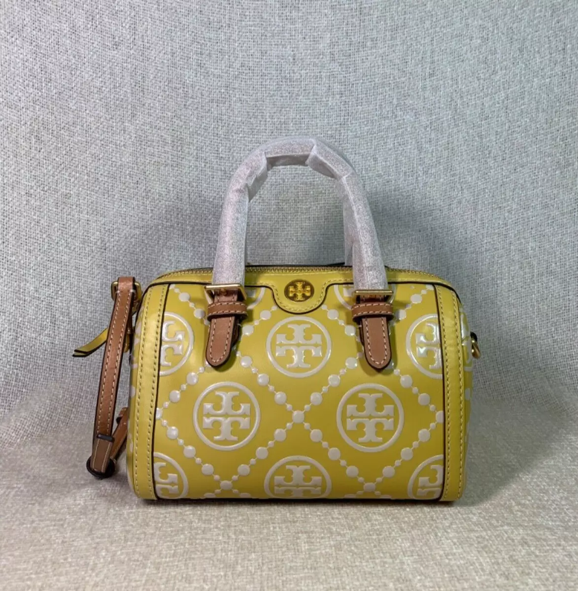 Tory Burch T Monogram Embossed Metallic Barrel Crossbody Bag